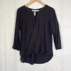 Max Studio 3/4 Sleeve Surplice Blouse with Faux Leather Neckline Trim